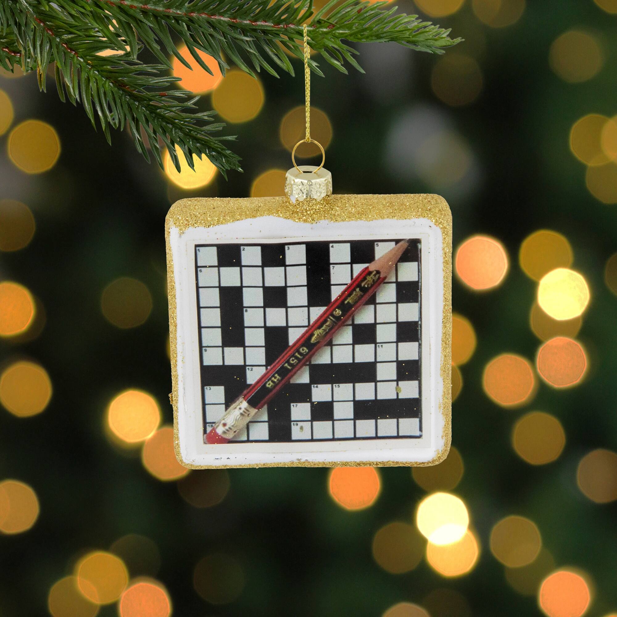 3.5" Crossword Puzzle with Pencil Glass Christmas Ornament Bed Bath